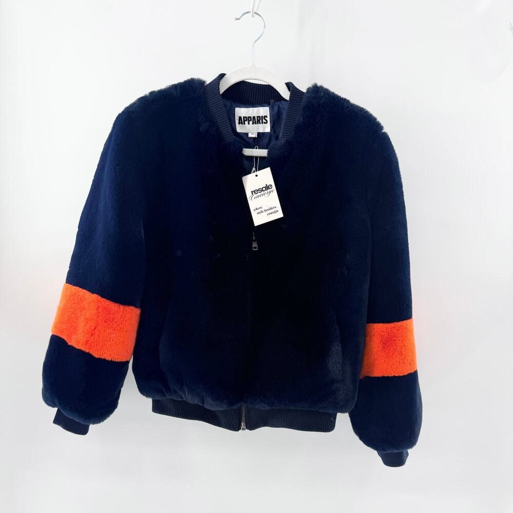 Apparis Jem Faux Fur Bomber Jacket Navy Blue with Neon Orange Womens Medium